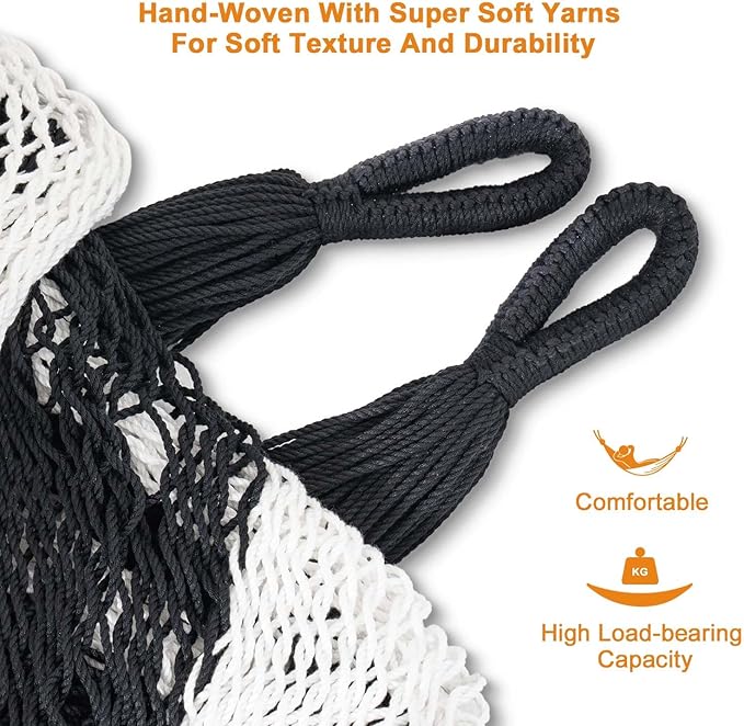 Lazy Daze Hammocks Handwoven Mayan Hammock 10.5 FT Soft Rope Double Hammocks Portable Outdoor Hammock with Carry Bag 2 Straps &amp Carabiners for Patio Outside 550 lbs Weight Capacity Black/Whit
