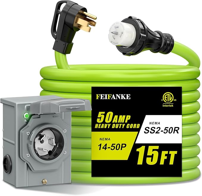 50 Amp Generator Cord and Power Inlet Box Kit 15Feet 50A 4 Prong Heavy Duty RV Extension Cord NEMA 14-50P to SS2-50R STW 6/3+8/1 AWG Gauge Wire Cable for RV Camper &amp HousePre-Drilled ETL Listed