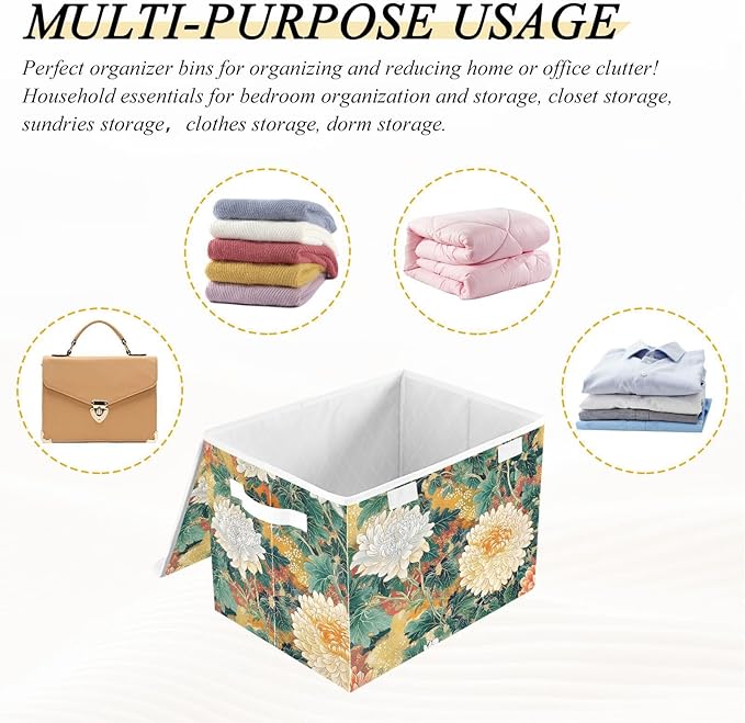 Storage Cube with Lid Japanese Florals Print 16.5×12.6×11.8 IN Collapsible Large Capacity Foldable Storage Basket Bin Organizer