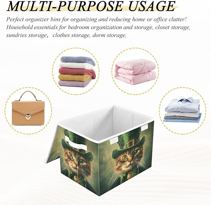 Storage Cube with Lid Saint Patrick’s Day Cat Print 16.5×12.6×11.8 IN Collapsible Large Capacity Foldable Storage Basket Bin Organizer