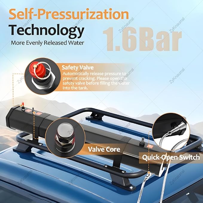 Portable Car Camping Shower Kit Roof Rack Mount Overlanding Off Terrain Pressurized Shower Water Tank 18l/20l/30l Large CapacitySelf-Pressurizedfor Camping Off-Road18L/4.76Gal