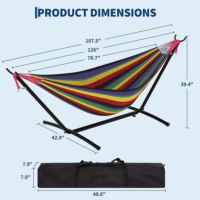 Double Hammocks with Stand for Outside Portable Space Saving Heavy-Duty Steel Stand for Indoor Outdoor Patio with Carrying Bag 450 lbs Capacity