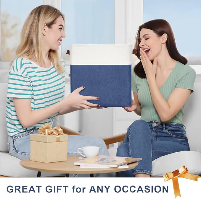 13x13 Cube Storage Bins Collapsible Fabric Storage Box 4 Pack Closet Baskets with Handles for Organizing Shelf Toys Clothes Home Office Nursery (NavyBlue&ampWhite)