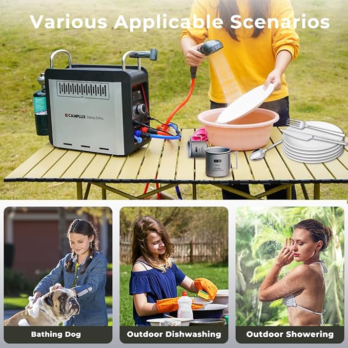CAMPLUX Nano 3 Pro 1 lb Propane Portable Water Heater Table Top Camp Water Heater &amp Shower Pump w/Built-in Battery Compact Outdoor Camping Hot Showers