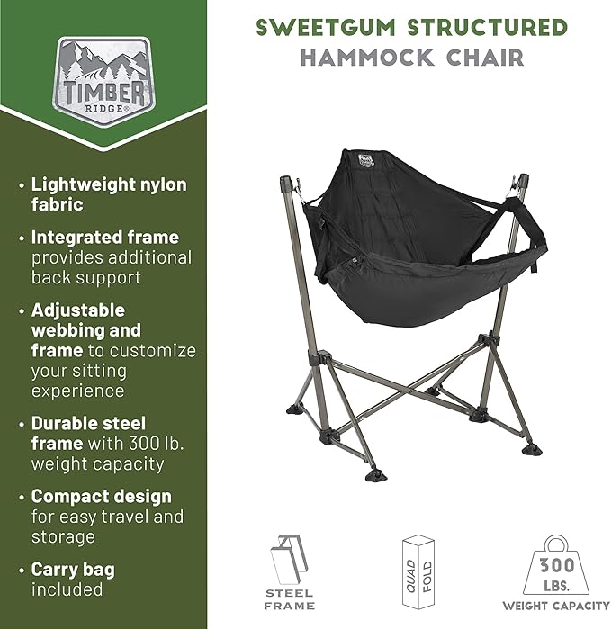 Timber Ridge Portable Hammock Camping Chair Padded Folding Swing Hammock Chair with Stand Heavy Duty Hammock Camp Chair with Carry Bag for Outdoor Beach Patio Supports 300lbs Black