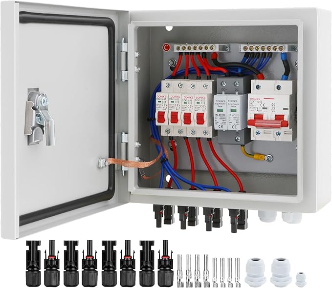 4 String Metal Solar Combiner Box IP65 Waterproof PV Combiner Box with 20A Rated Current Fuse 63A Air Circuit BreakerLightning Arrester for On/Off Grid Solar Panel System