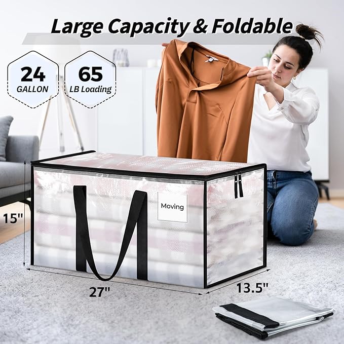 8 Pack Extra Large Heavy Duty Moving Bags Clear Storage Bins with Lids Reinforced Handles &amp Heavy-Duty Zippers Moving Boxes Storage Bags Totes for Clothes Packing Dorms College Supplies Clear
