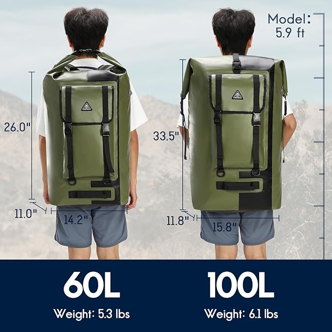 Haimont Dry Waterproof Roll Top Backpack Marine Dry Bag River Pack with Waist Belt Camping Surfing 60L Army Green/Black