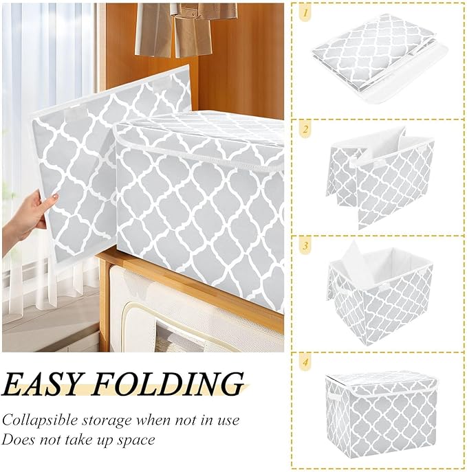 Storage Bins with Lids Storage Containers Box Organizer Bin Basket with Handles for Closet Shelves Clothes Stackable Foldable Decorative Silver Geometric Quatrefoil