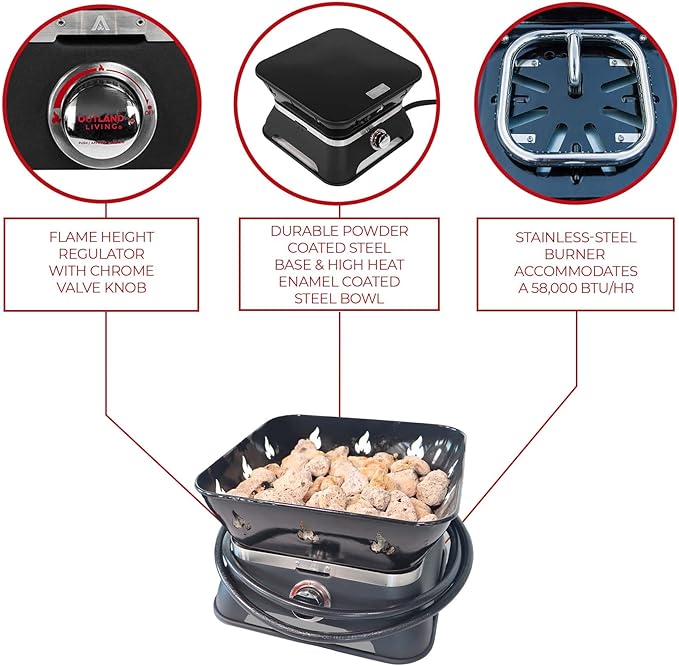 Outland Living Firebowl 805 Firecube 14” Portable Square Smokeless Propane Fire Pit – Outdoor Gas Fire Pit with Cover &amp Carry Kit Lava Rocks 58000 BTU Black