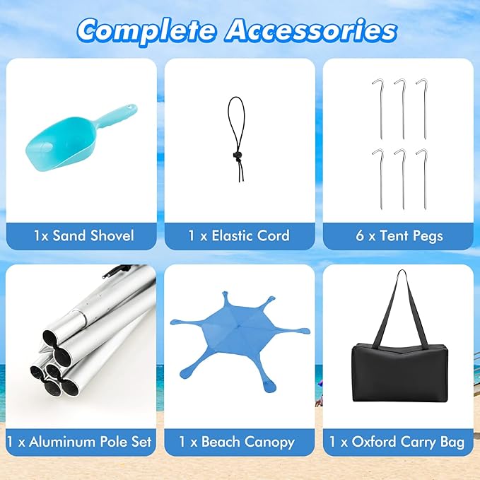 HAPPYGRILL Beach Canopy Sun Shelter with Aluminum Pole 20 FT x 20 FT UPF 50+ Pop Up Tent with Sandbags Tent Pegs Sand Shovel Carry Bag Portable Outdoor Sunshade for Camping Sport Events Picnic