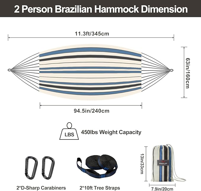 CHULIM Brazilian Double Hammock with Tree StrapsExtra Large 94x63IN2 Persons Hammock for Backyard Patio Outdoor and Indoor450lbs Weight CapacitySoft Woven Cotton Fabric - Blue Stripe