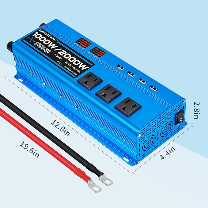1000W Pure Sine Wave Inverter DC 12V to AC 110V/120V Converter 2000w (Peak) Car Power Converter with 3 AC Outlets 4USB PortPower Inverter for Car Truck Home Vehicles Laptop