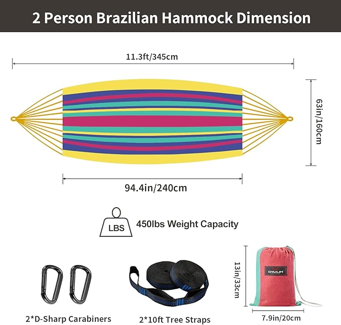 CHULIM Brazilian Double Hammock with Tree StrapsExtra Large 94x63IN2 Persons Hammock for Backyard Patio Outdoor and Indoor450lbs Weight CapacitySoft Woven Cotton Fabric - Aqua Bule Stripe