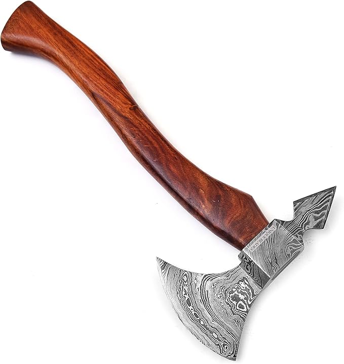 Viking Battle Axe Camping Axe 18-IN Wood Handle Damascus Steel Dual Sided Leather Sheath