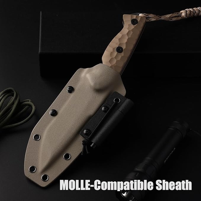 VG-10 Steel Survival Knife with G10 Handle &amp K-Sheath - 10 Tactical Outdoor Knife Fire Starter Kit Multi-Position Carry
