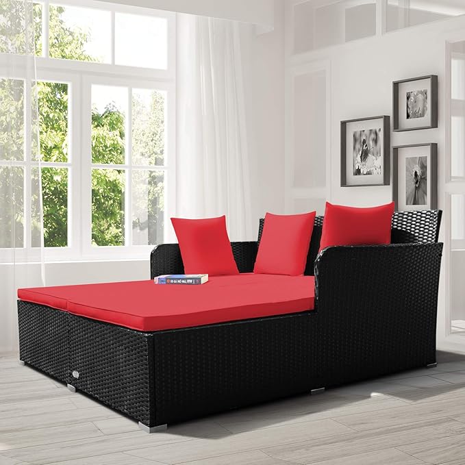 Tangkula Outdoor Rattan Daybed Sunbed Wicker Furniture w/Spacious Seat Upholstered Cushion &amp High-Resilience Sponge Wicker Patio Sofa Set w/Extra Pillows for Courtyard Poolside(Red)