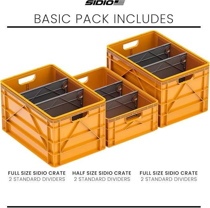 SIDIO Crate Basic Pack - 2 Full-Size &amp 1 Half-Size Heavy Duty Stackable Storage Bins Totes and Containers with Dividers - Durable Plastic Organizer for Home Office Garage and Outdoor Use (Sol)