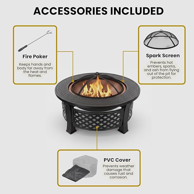 Fire Pit - 32-Inch Outdoor Fireplace with Spark Screen Poker and Cover - Wood-Burning Fire Pit for Yard Patio or Camping by Pure Garden (Bronze)