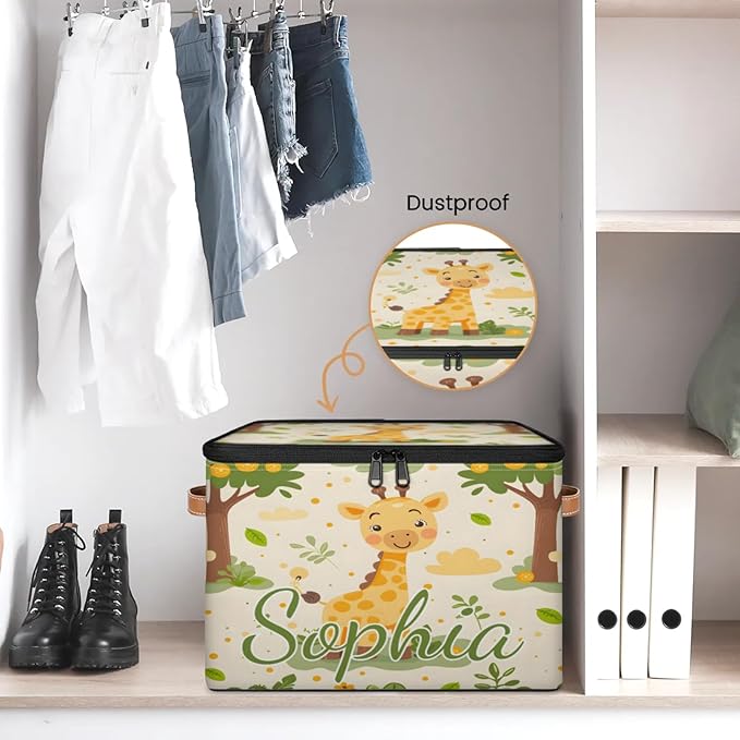 Custom Storage Basket with Name Personalized Storage Bins with Zipper Lid Foldable Fabric Storage Box Large capacity with Handle Giraffe Tree