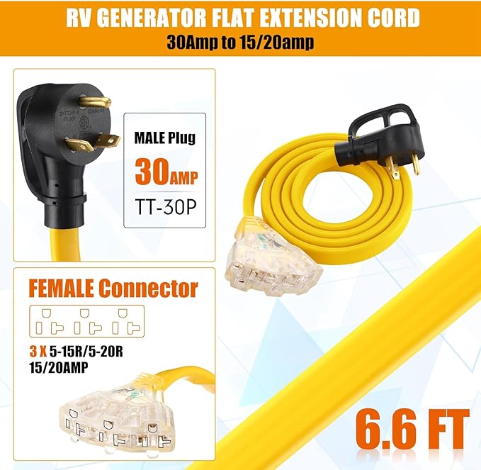 Tellegloww 6.6 FT Flat RV Generator Adapter Cord NEMA TT-30p to 3X 5-20R/5-15R 30A to 110V 15/20 A Household Outlet Adapter 10 Gauge Flat Rv Generator Extension Cord Etl Listed Yellow