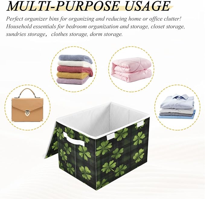 Doodle St. Patrick's Day Shamrock Pattern Foldable Storage Baskets Fabric Boxes with Handle Organizers with Flip-Top Lids Storage Bins for Home Bedroom Office