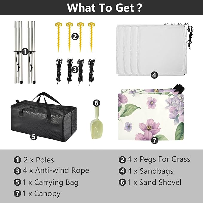 Elegant Violet Flowers Beach Tent Sun Shelter Set UPF50+ UV Protection 10.5 x 9.19 FT Camping Shade Canopy with Sandbags Sand Anchors Carrying Bag and Others