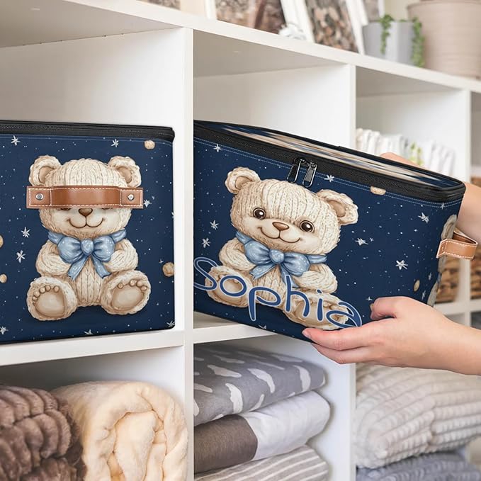 Custom Storage Basket with Name Personalized Storage Bins with Zipper Lid Foldable Fabric Storage Box Large capacity with Handle Starry Sky Bear