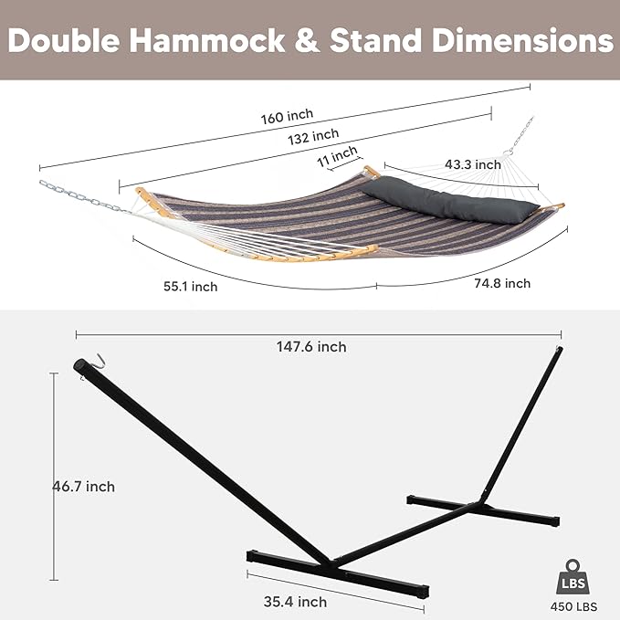 SUNCREAT Hammocks for Outside with Stand Included Double Hammock with Curved Spreader Bar Carrying Bag Gray Stripes