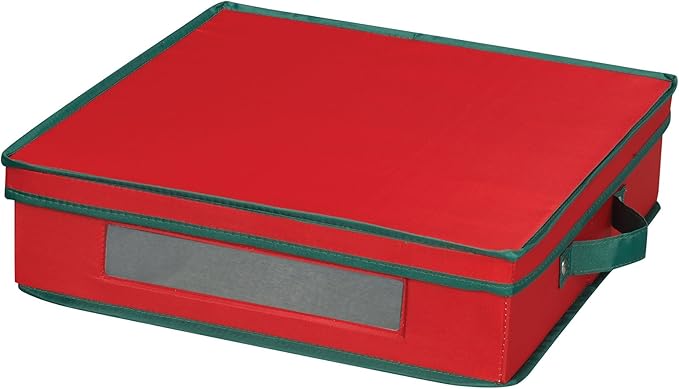 Household Essentials Holiday Charger Plate Storage Box Holds 12 Charger Plates with Felt Protectors Red Canvas with Green Trim