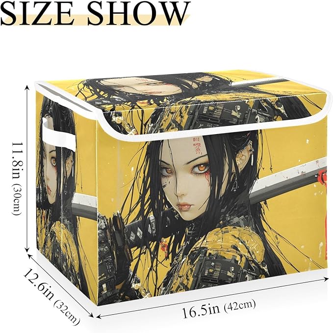 Cyber Samurai Storage Cube Bins Basket with Lid Collapsible Flip-top Fabric with Handle for Home Bedroom Closet Office 16.5×12.6×11.8 in