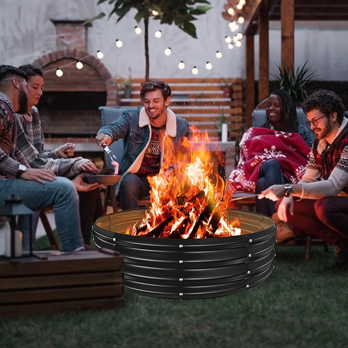 YSEJOMP 48 Inch Round Galvanized Fire Pit Ring/Fire Ring - Foldable and Perfect for Outdoor Gatherings and Campfires in The Yard/Garden/Park/Beach (Black+Gray 4 FT Diameter+1 FT Tall)