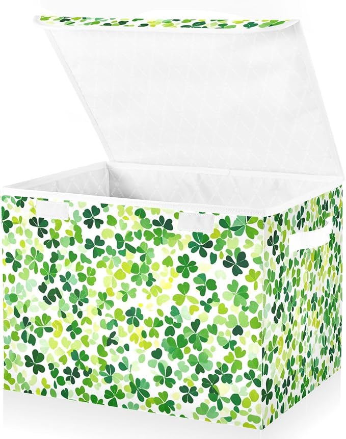 Collapsible Storage Bins with Lids Decorative Fabric Storage Cubes Closet Organizer and Storage Basket Boxes Containers for Clothes Box Chest Nursery Folding Rectangle Bright Green Clover St.