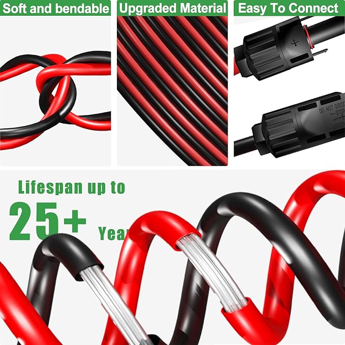 Twin Wire Solar Extension Cable 100FT - 10AWG (6mm²) Solar Panel Tinned Copper Wire for Outdoor Automotive RV Boat and Marine Use - Black &amp Red