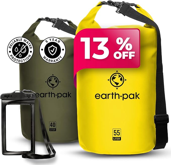 Earth Pak Waterproof Dry Bag - Roll Top Waterproof Backpack Sack Yellow 55L &amp Forest Green 40L