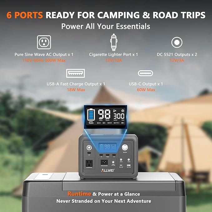 ALLWEI Portable Power Station 300W (Peak 600W) Upgraded 256Wh LiFePO4 Battery Bank Solar-Generator with 6 Output Ports Backup Power Supply for Camping Travel Blackout Home Use (Solar Panel Optional)