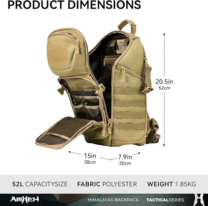 AMHEH 52L 1050D Tactical Backpack - 72 Hour Emergency Get Home Bug Out Bag with 17 Laptop and Helmet Pocket Heavy Duty Work Tan