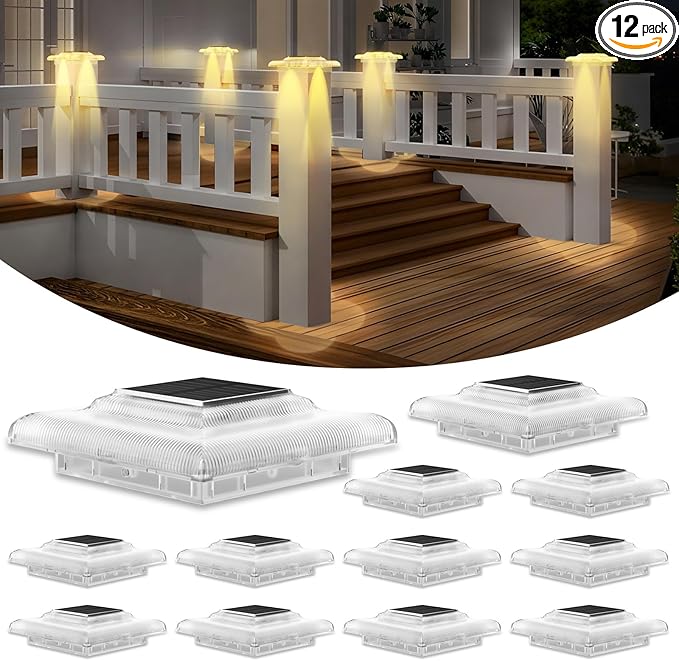 T-SUN Solar Post Cap Lights 4x4 Deck Post Solar Powered Lights 12 Packs IP65 Waterproof Outdoor for Stairs Steps Railings Vinyl &amp Wood Fence Tops Yard Patio Auto Dusk to Dawn (Warm White)