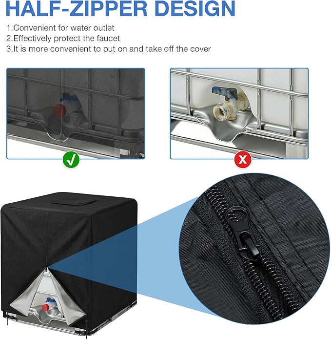 NEVERLAND IBC Tote Cover 275 Gallon 420D Heavy Duty Outdoor Water Tank Cover with Half Zipper &amp Top Velcro Opening UV &amp Waterproof Protection Fits 1000L IBC Tote