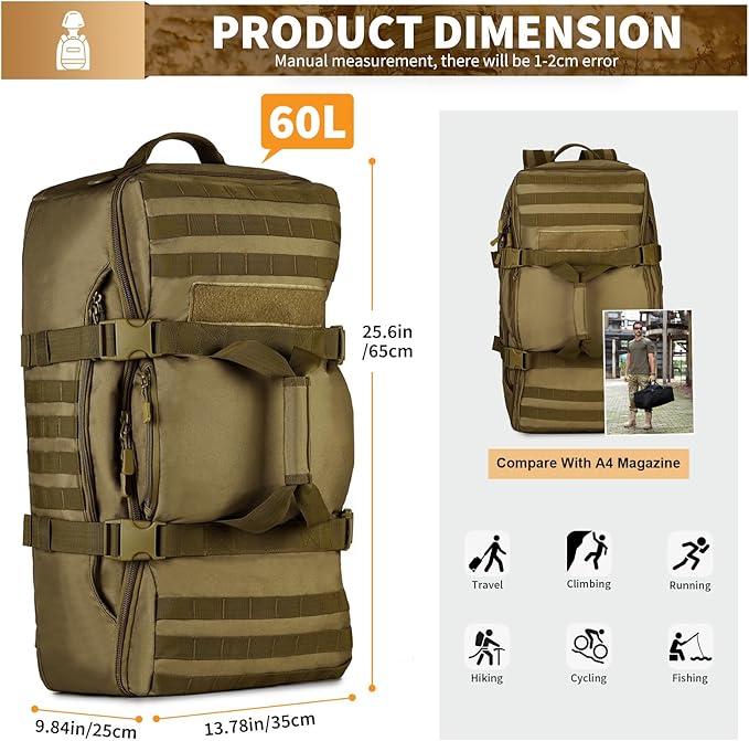 HUNTVP 60L Tactical Backpack Tactical Duffel Bag Military Travel Bag Outdoor Assault Pack Rucksack Bag | Gear Sport Outdoor Bag For Hunting Camping Trekking