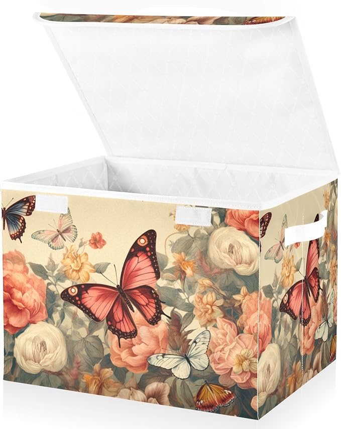Butterfly Garden Colorful Collapsible Storage Bins with Lids &amp Handles Foldable Storage Boxes Basket with Flip-Top Lid for Home Office 16.5” x 12.6” x 11.8”