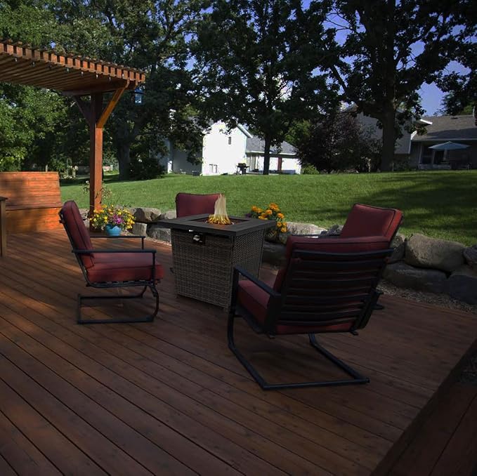 28'' Propane Fire Pit Table 50000 BTU Fire Table with Brown Wicker Laval Rocks Inclined Leg Design.