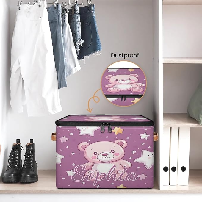 Custom Storage Basket with Name Personalized Storage Bins with Zipper Lid Foldable Fabric Storage Box Large capacity with Handle Star Pink Bear