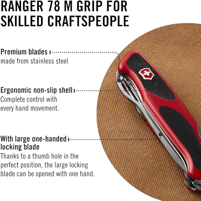 Victorinox Ranger 78 M Grip Swiss Army Knife 12 Functions Swiss Made Pocket Knife with Large Lock Blade Tweezers and Wood Saw - Red/Black