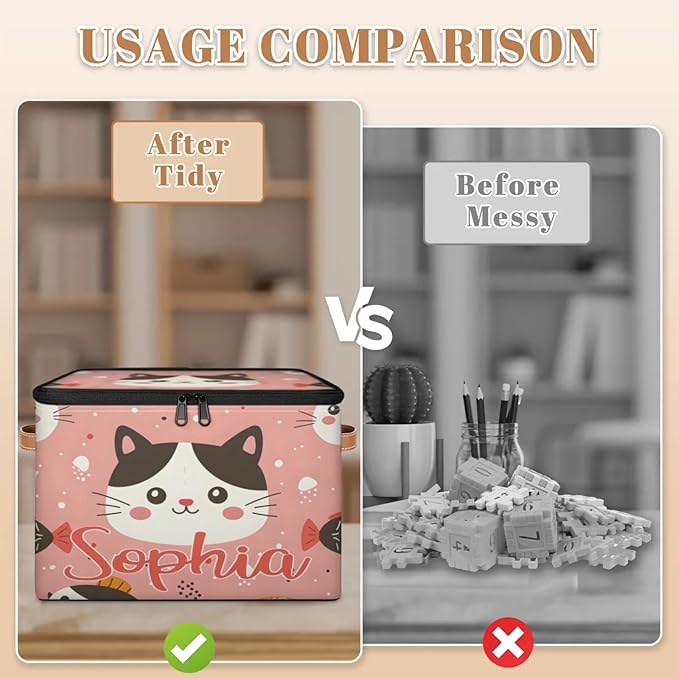 Custom Storage Basket with Name Personalized Storage Bins with Zipper Lid Foldable Fabric Storage Box Large capacity with Handle Cat Pink