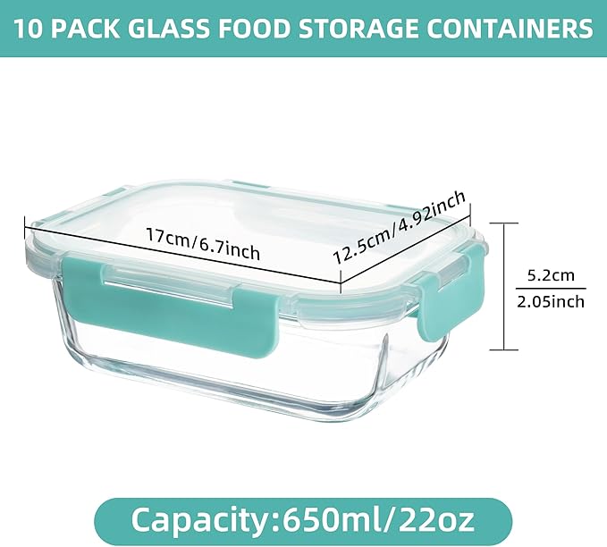 10 Pack 22 oz Glass Meal Prep Containers Food Storage Containers with Lids Airtight Leakproof Lunch Containers for Kitchen Freezer Microwave Dishwasher Safe (Mint Green)