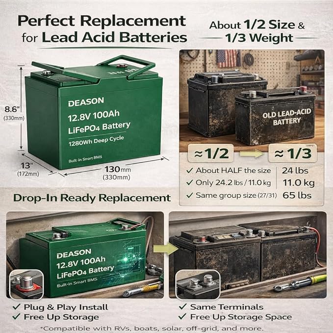 12.8V 100Ah LiFePO4 Battery 1280Wh Deep Cycle Lithium Battery for RV Marine Solar &amp Trolling Motor Built-in 100A BMS Protection Low-Temp Charge Cutoff Lightweight Lead-Acid Replacement