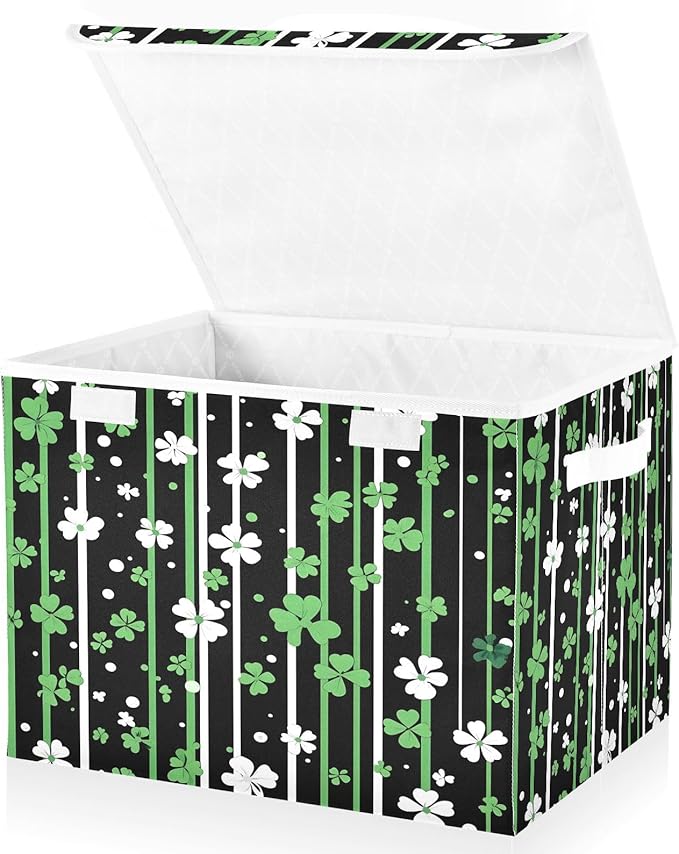 Christmas Storage Baskets with Lids Shamrock Stripes Collapsible Bins Stackable Fabric Linen Baskets Closet Organizer Container 16.5x12.6x11.8