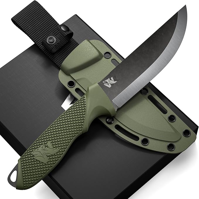 ODENWOLF W-SCANDI Full Tang Survival Knife with Sheath - Stylish Tactical Fixed Blade - Made of D2 Steel - Bushcraft and Camping Knife Survival - Perfect EDC Hunting Knife with TPE Handle