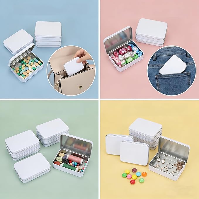 Goodma 24 Pieces Rectangular Metal Empty Hinged Tins Containers Basic Necessities Home Storage Organizer Mini Box Set 4.5 x 3.3 x 0.9 inch (White)